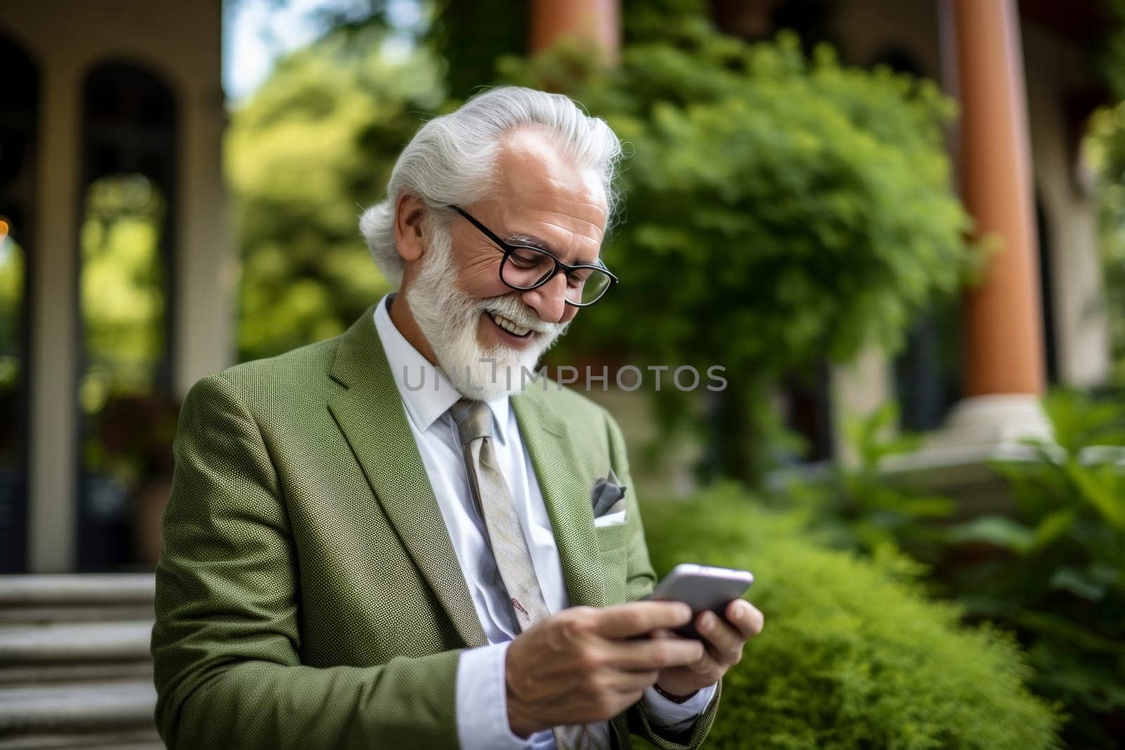 Joyful senior man texting on phone in urban setting. Business casual portrait with copy space. City life and communication concept for design and print