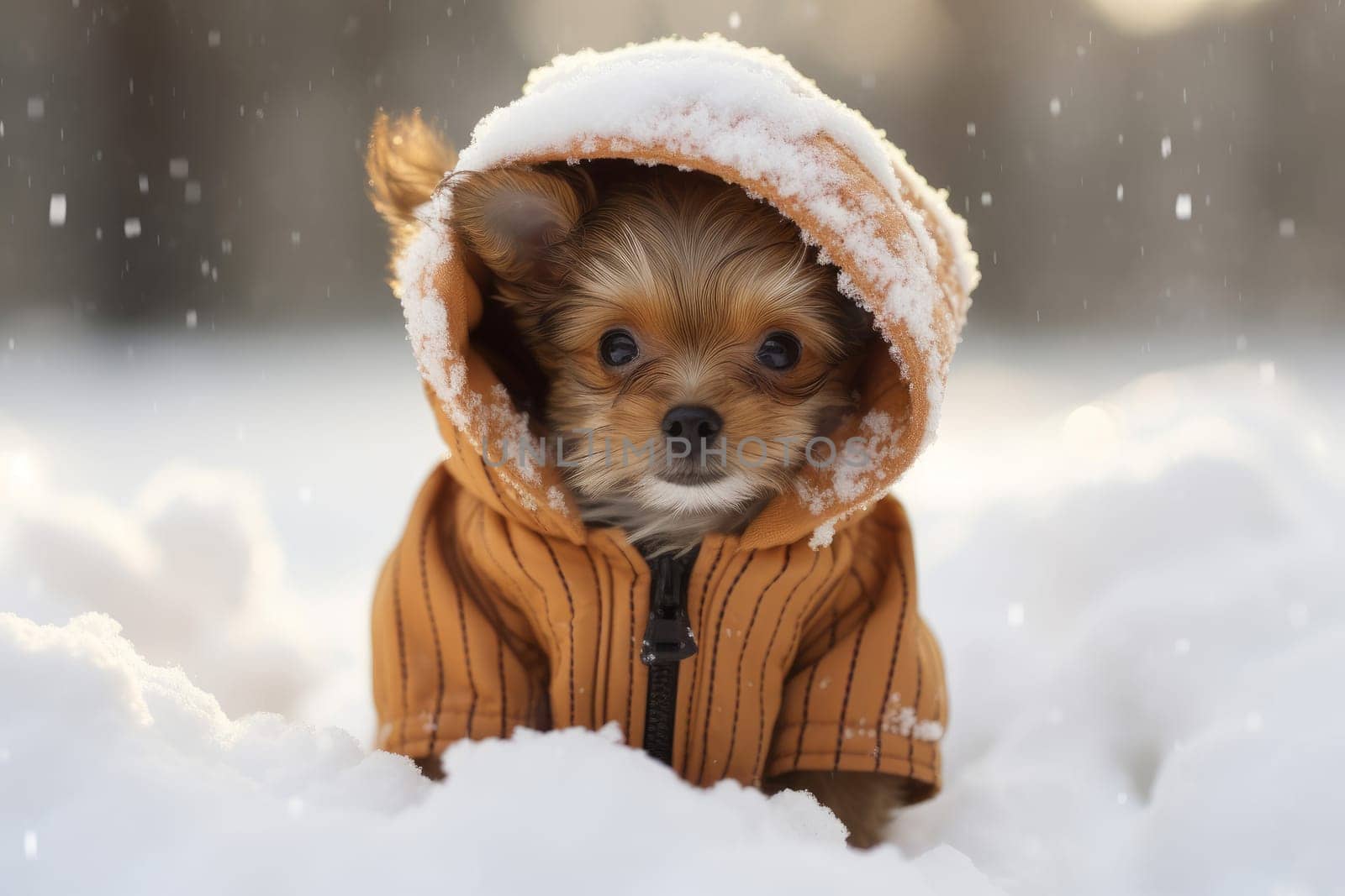 Whimsical Dog winter snow. Cute canine. Generate Ai