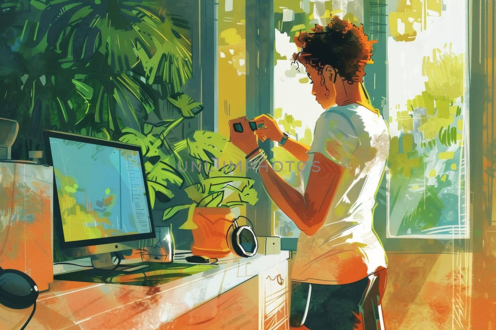 Graphic designer using a tablet to edit images in a sunlit room filled with lush green plants.