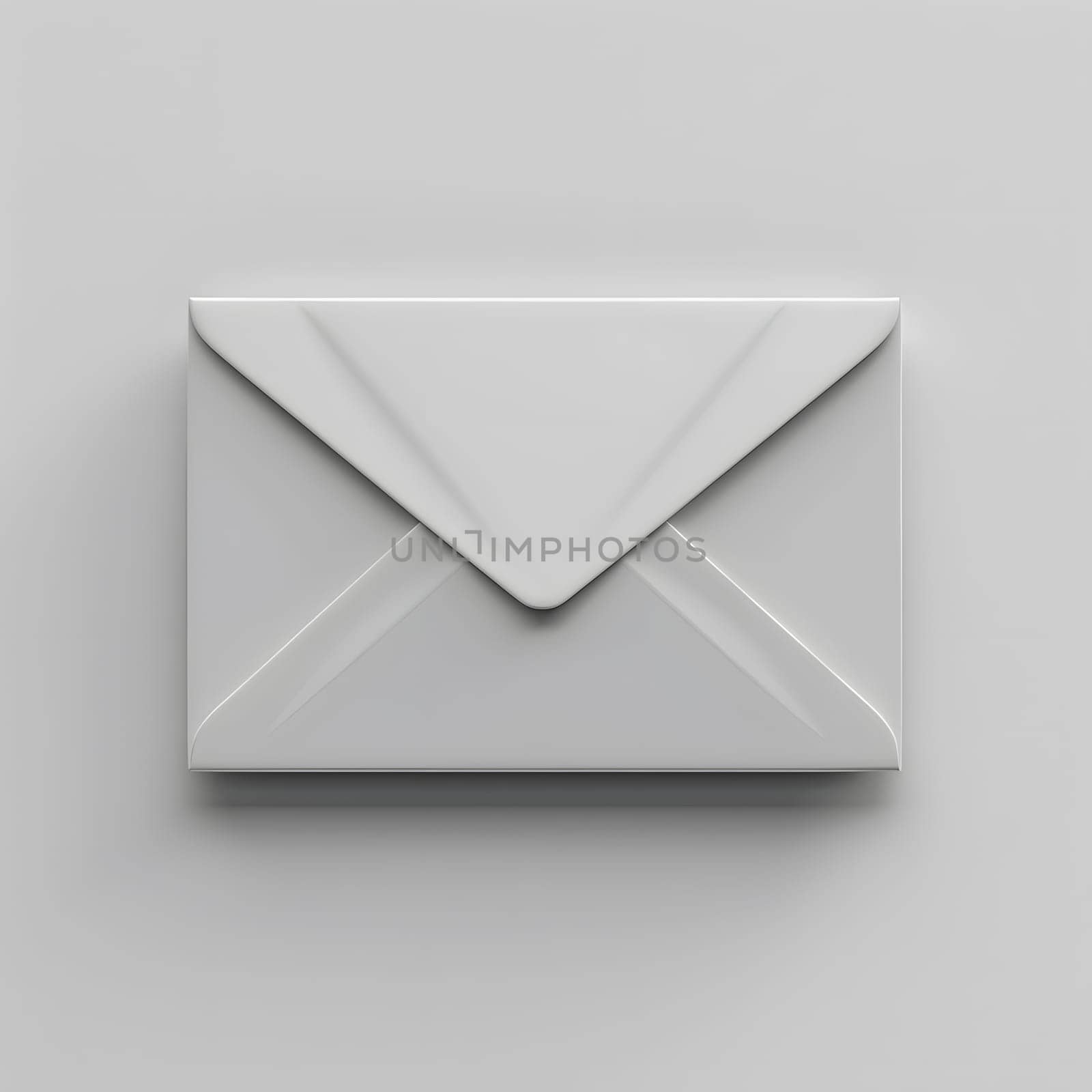 A white rectangle envelope lies on a white surface, blending in seamlessly. Its paper product appearance contrasts against the laptop, dishware, and fashion accessories in the room