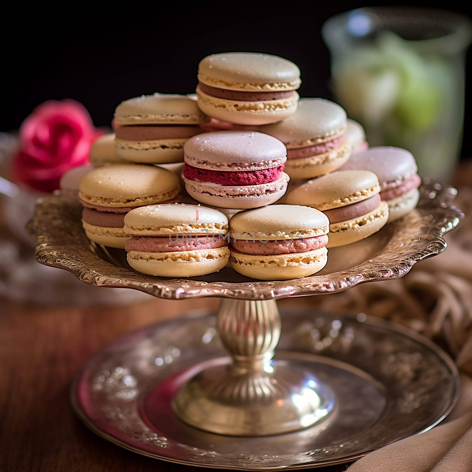 Colorful macarons arranged in a towering stack