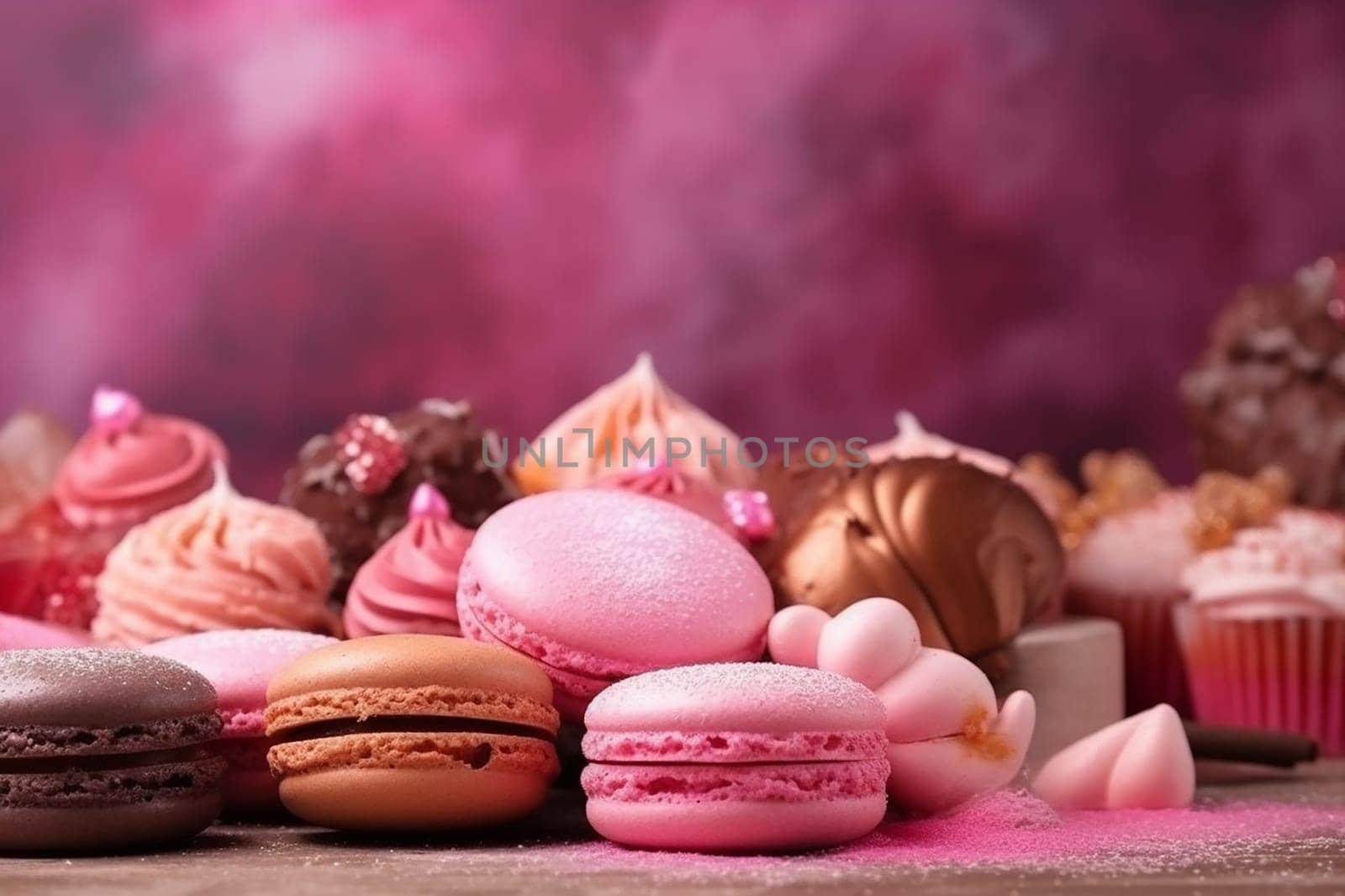 Assorted colorful macarons on a vintage stand, elegant dessert presentation. by Hype2art