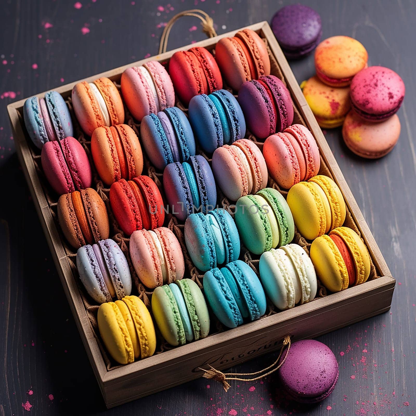 A colorful assortment of macarons neatly arranged in a box.