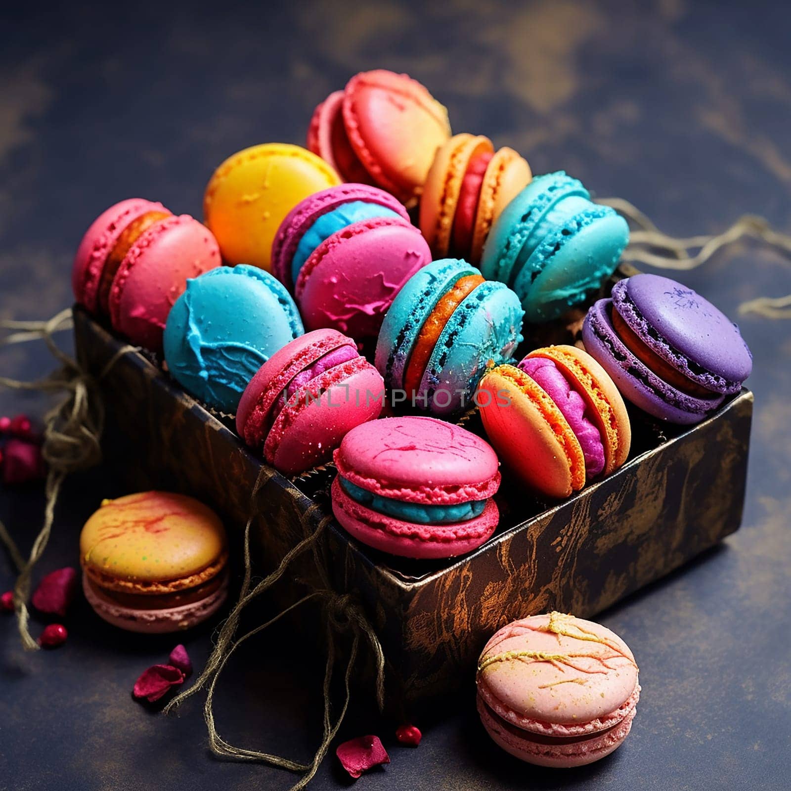 Colorful macarons in a box, sprinkles scattered around.