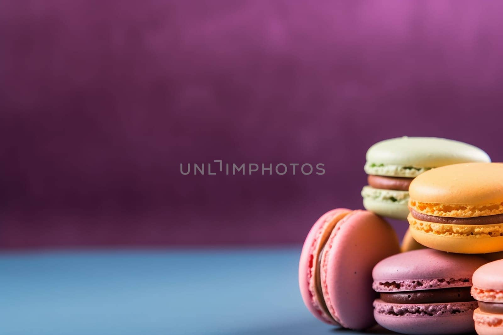 Assorted colorful macarons stacked against a purple backdrop.