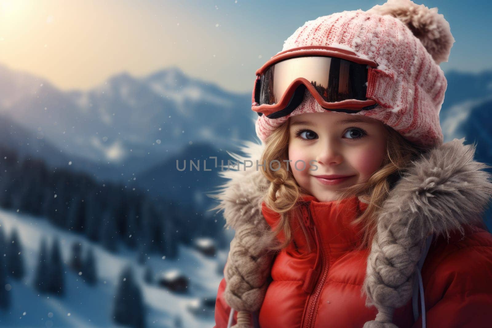 Adventurous Little girl ski resort. Hotel skier. Generate AI