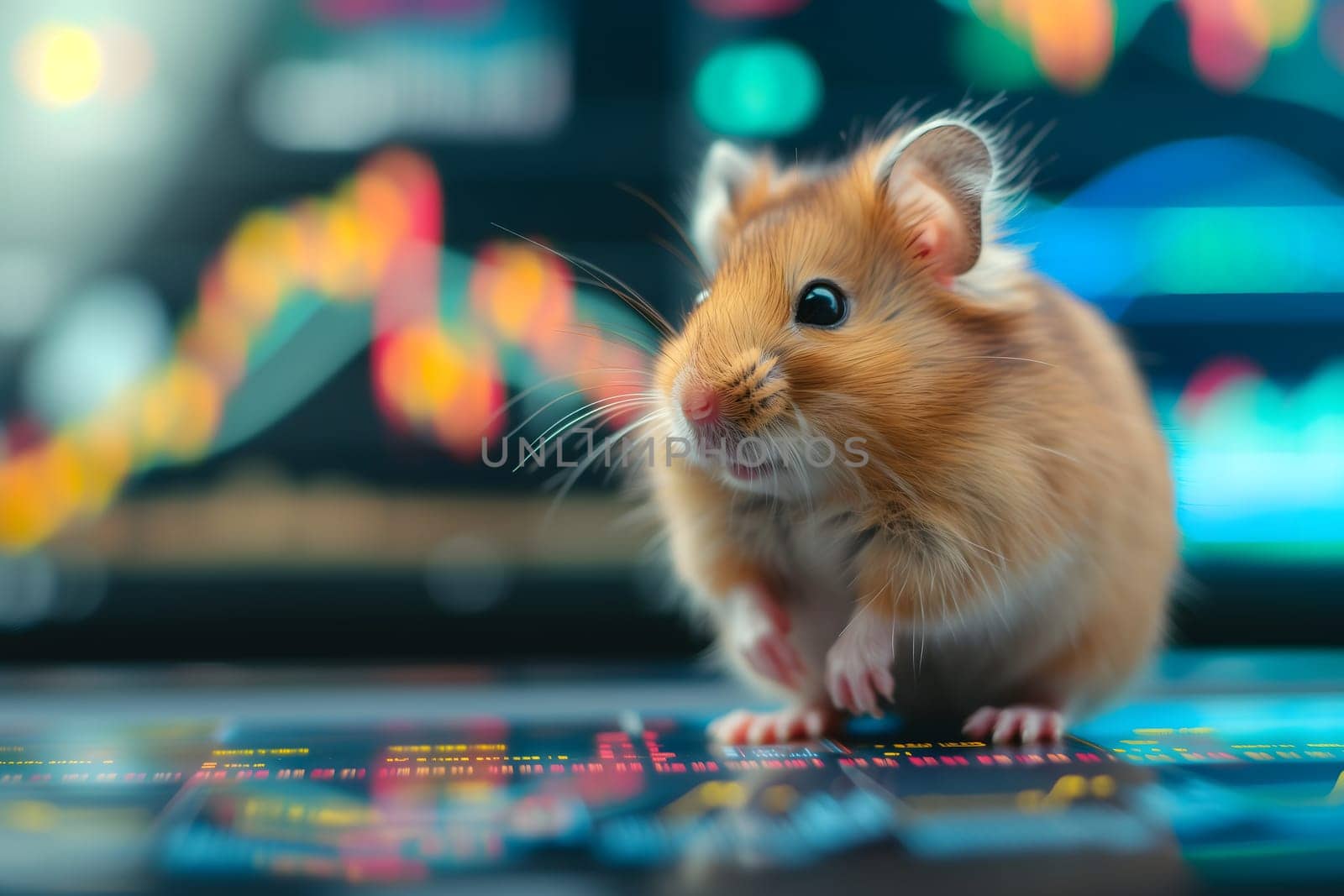 hamster in front of blurry trading charts, novice in stock exchange and asset market concept by z1b