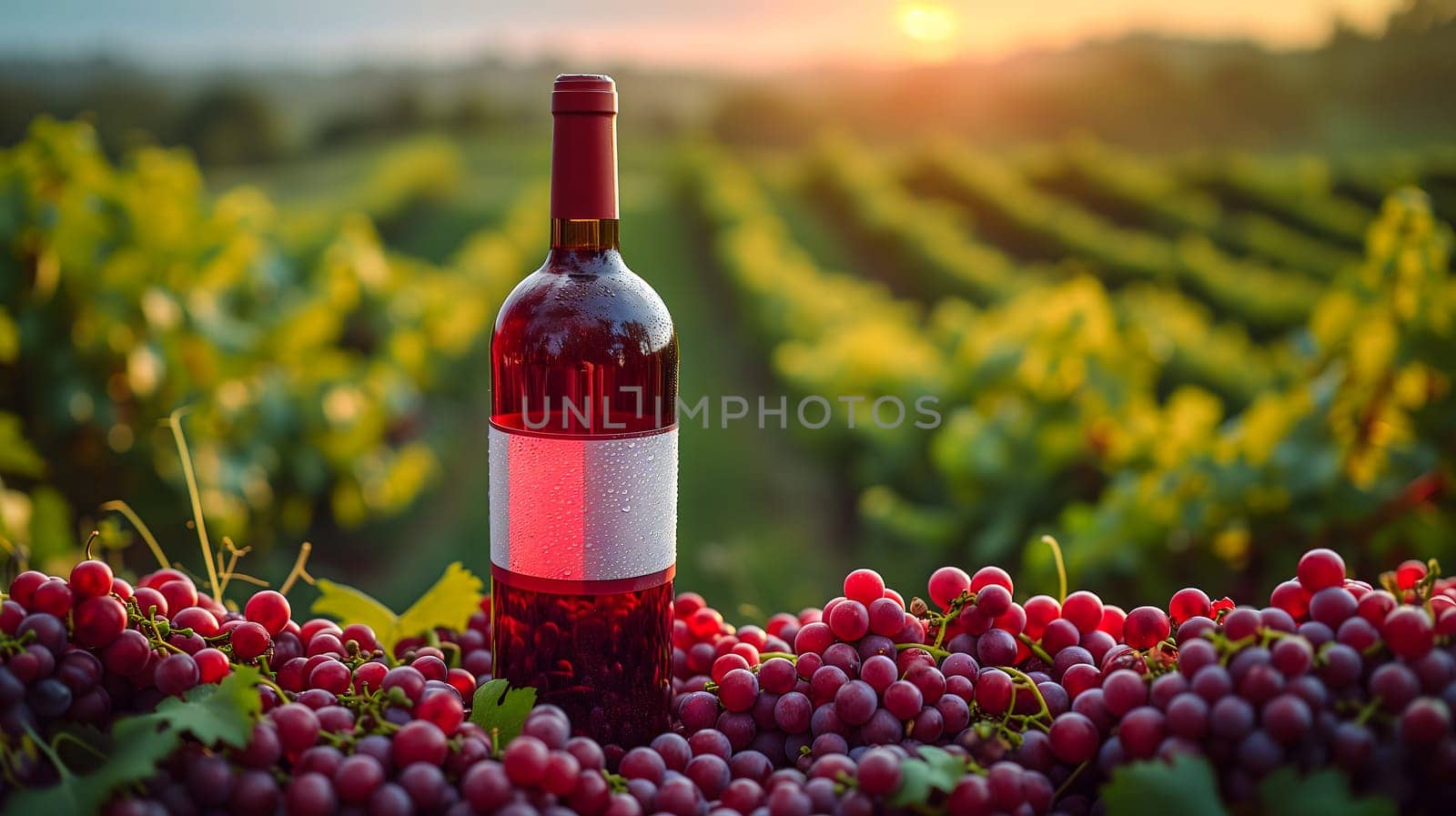 A red wine bottle in front of a landscape of grape farmland. Neural network generated image. Not based on any actual scene or pattern.