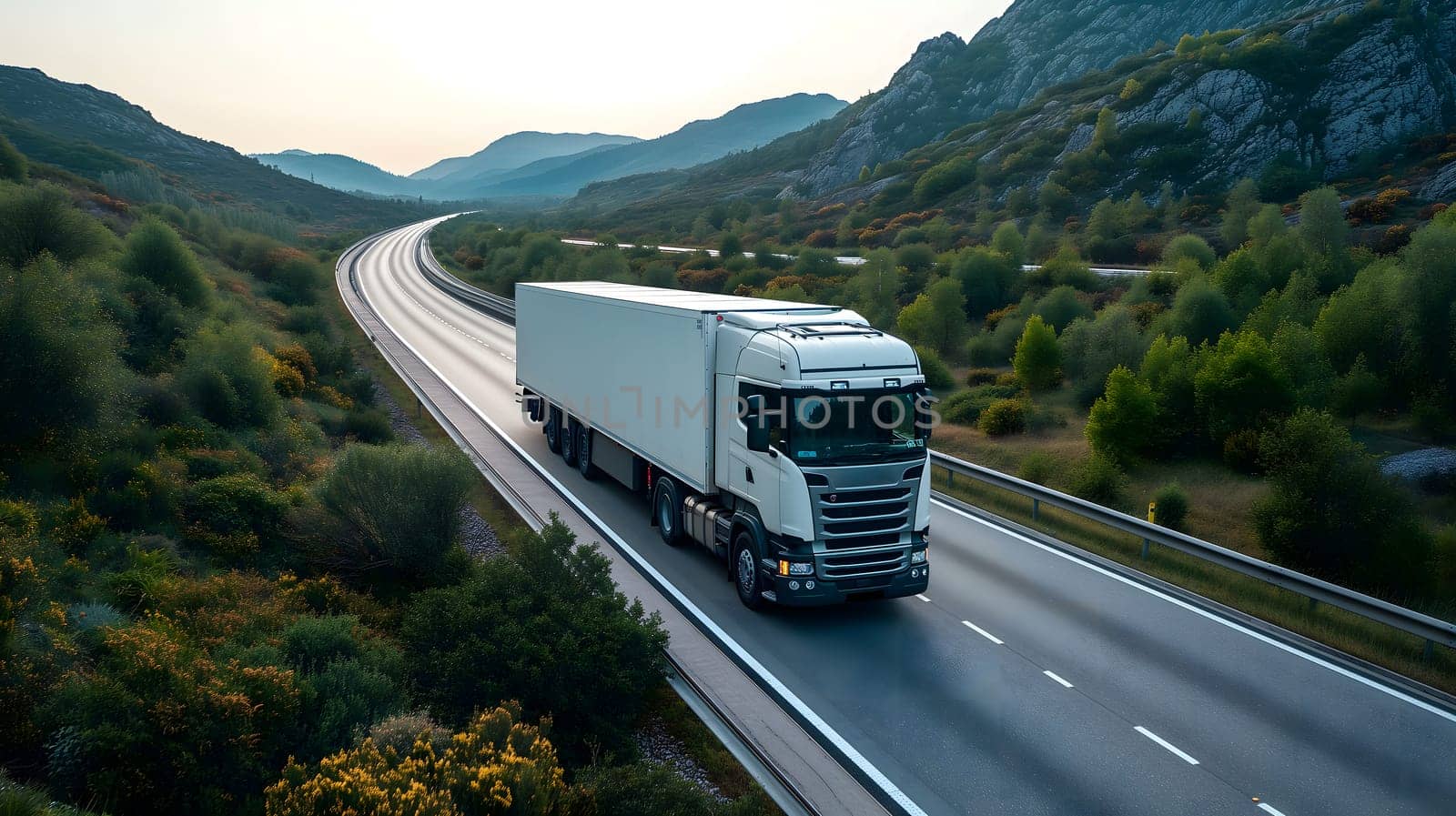 White European semitruck is seen from the sky on a highway backed by vegetation. Neural network generated image. Not based on any actual scene or pattern.