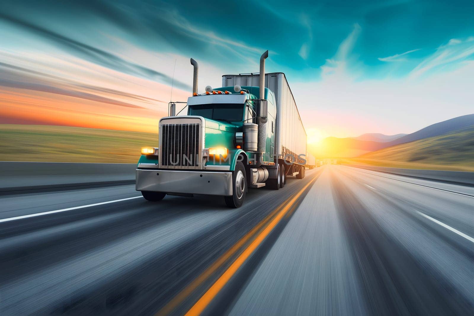 Classic American long-nose semitruck on a highway by z1b