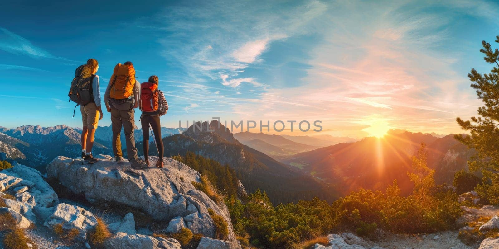 A group of friends on a hiking adventure, panoramic mountain views, capturing the spirit of friendship and exploration. Resplendent.