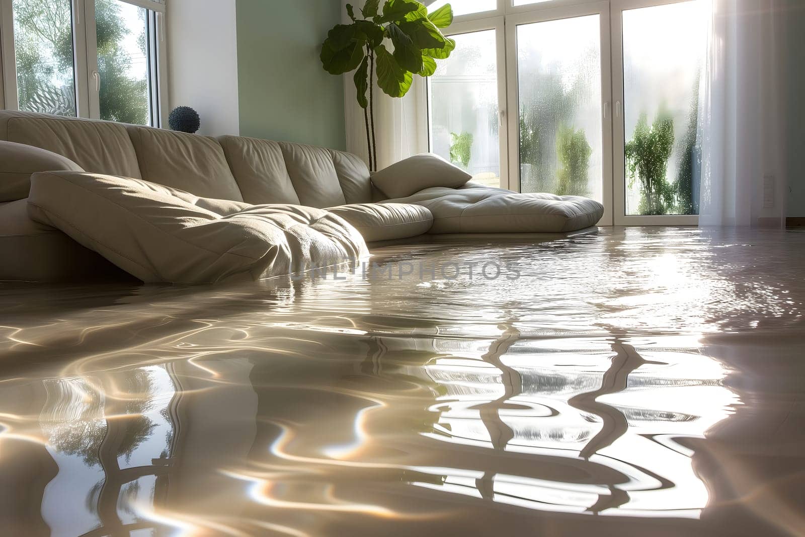 Home Floor Flooded, Showcasing Water Damage And Potential Issues. Neural network generated image. Not based on any actual scene or pattern.