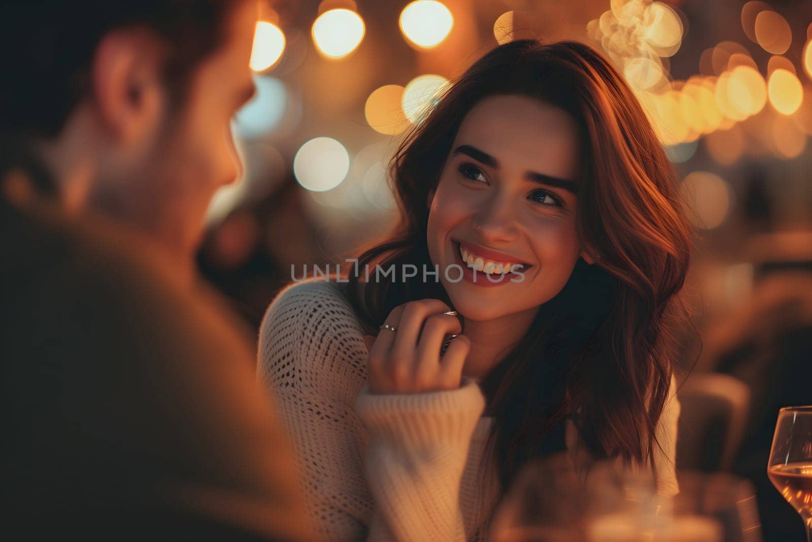 Smiling young adult woman dating with young adult man at the restaurant. Neural network generated image. Not based on any actual scene or pattern.
