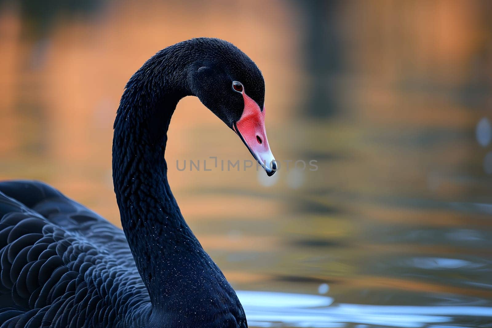 Black swan on water surface, close up. Neural network generated image. Not based on any actual scene or pattern.