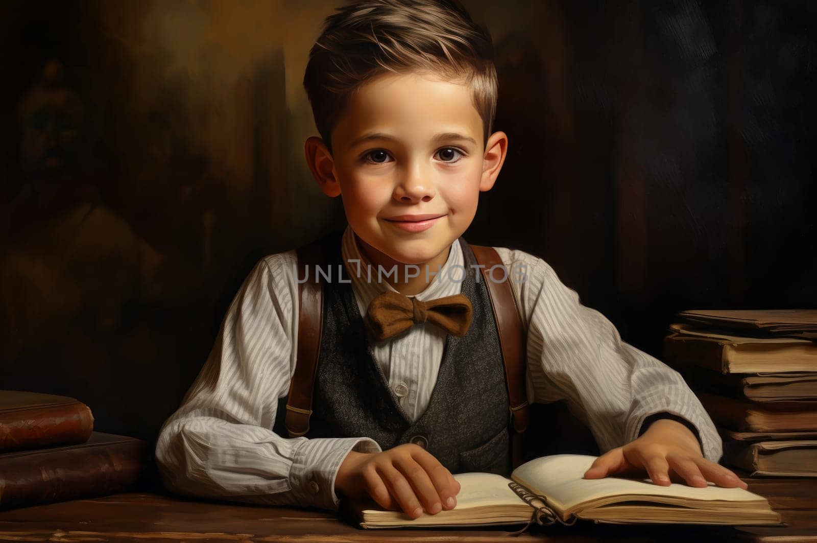 Focused Little student boy read. Male class. Generate Ai