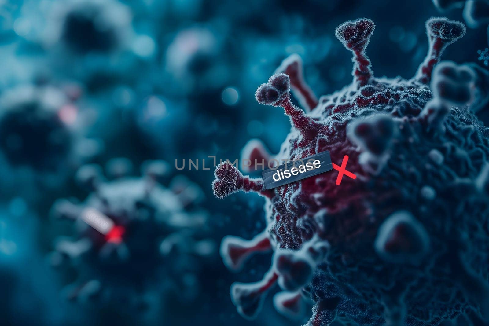 Disease X conceptual composition with coronaviruses for new pandemic topic. Neural network generated image. Not based on any actual scene or pattern.