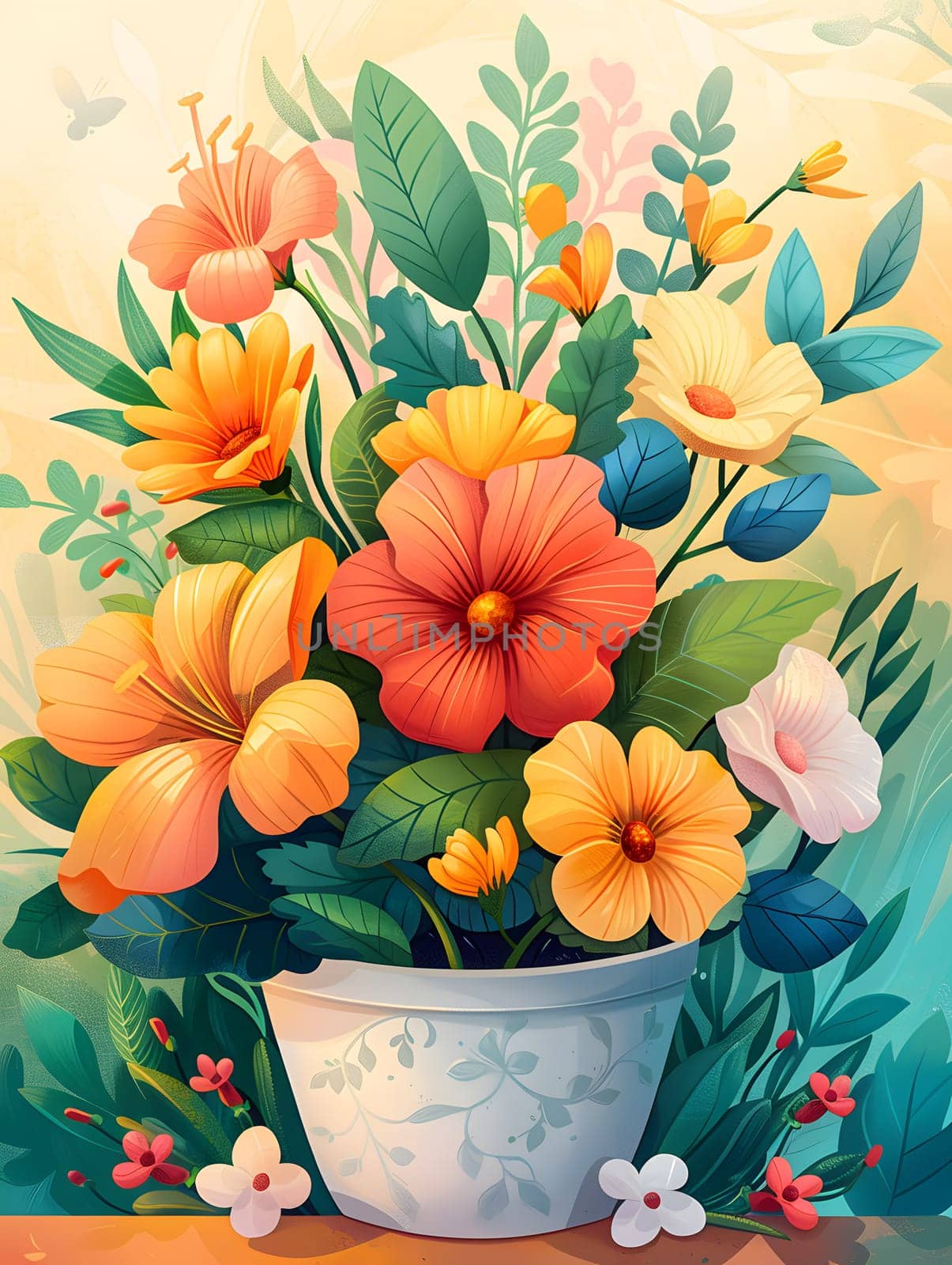 A beautiful painting depicting a flowerfilled vase on a table, showcasing the artists creativity in flower arranging
