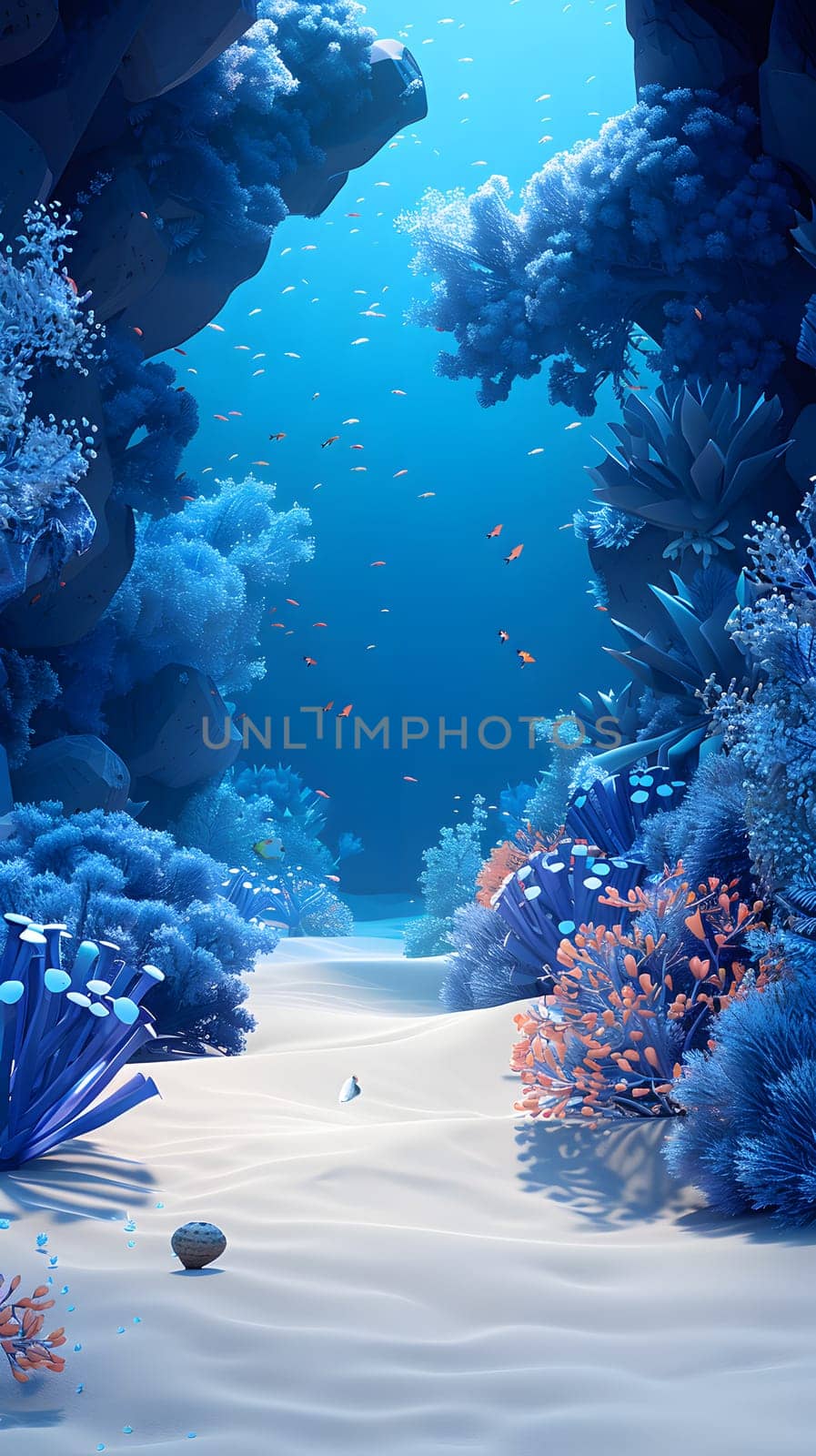 An underwater natural landscape with a freezing azure water filled with colorful corals, fish, and marine biology, creating a geological phenomenon in the ocean