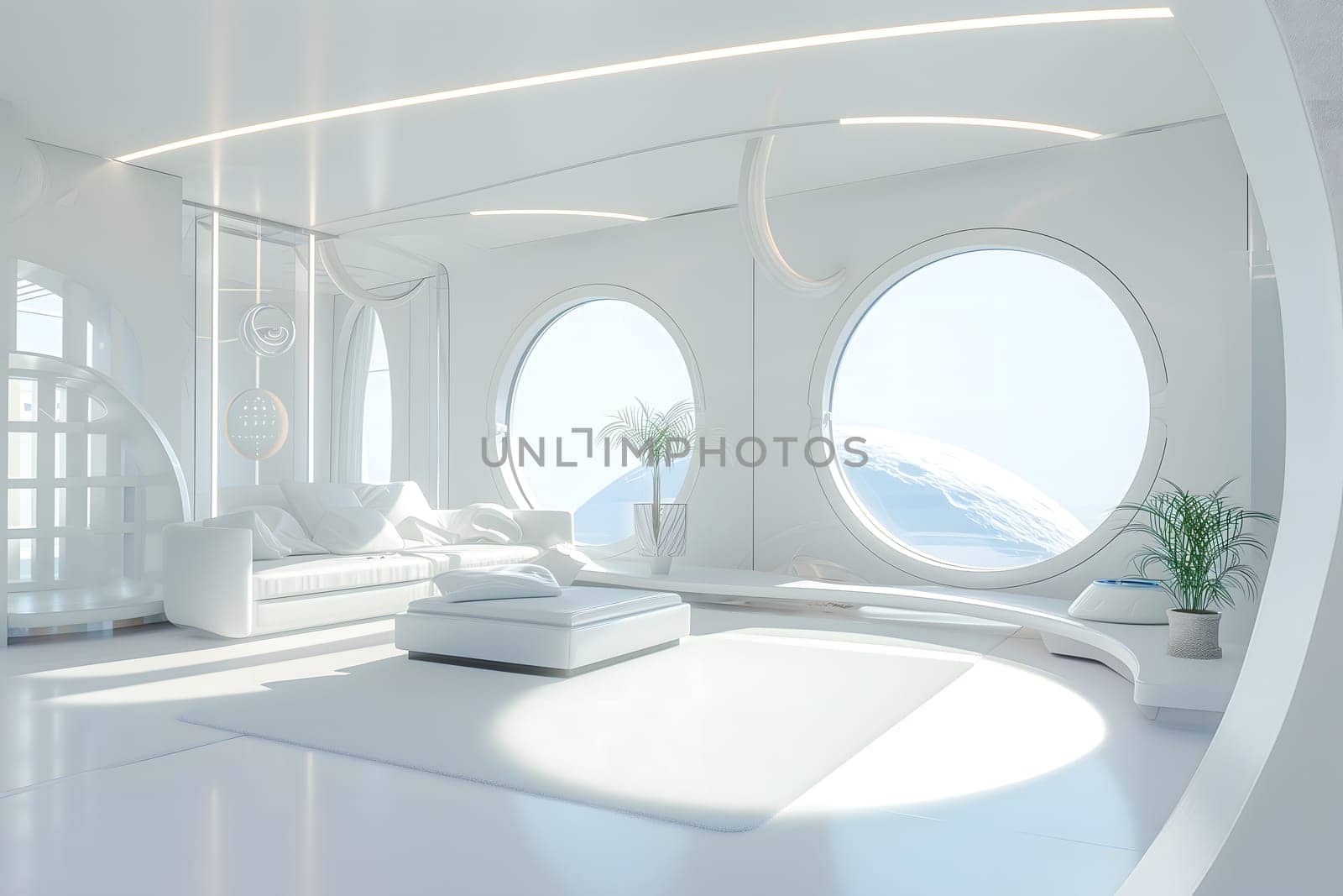 futuristic clean white space station style interior of living room. Neural network generated image. Not based on any actual scene or pattern.