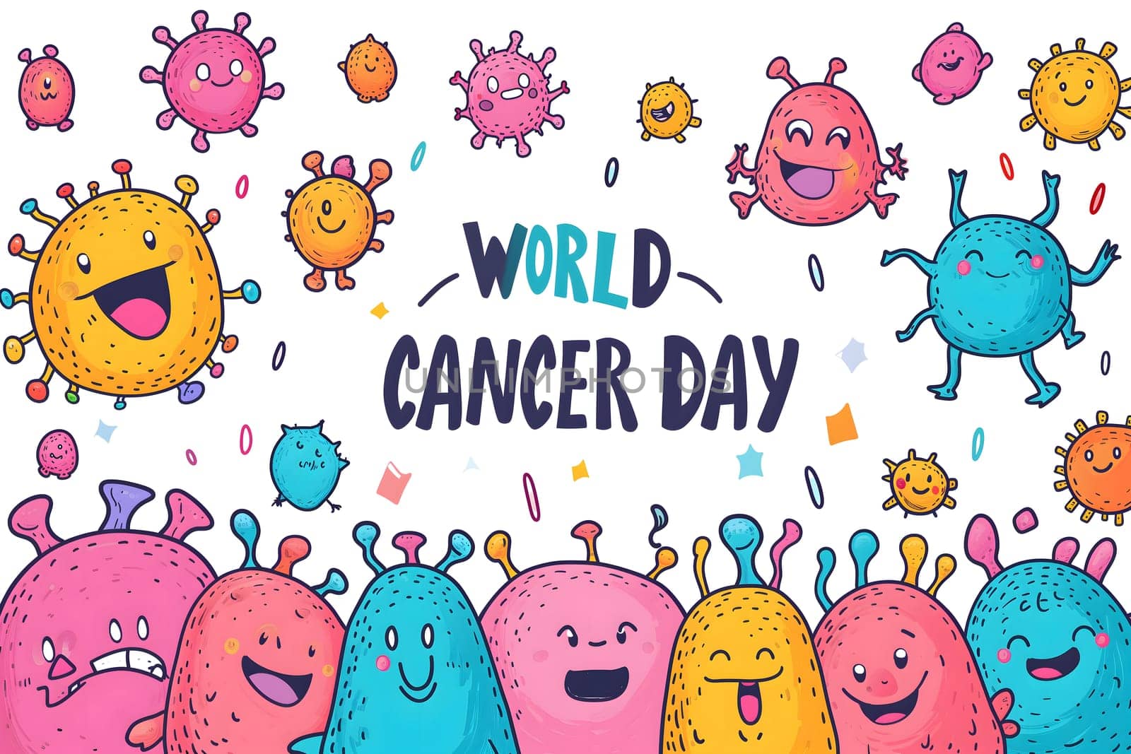 Simple cartoon world cancer day background with the inscription on it, surrounded with colorful happy tumors. Neural network generated image. Not based on any actual scene or pattern.
