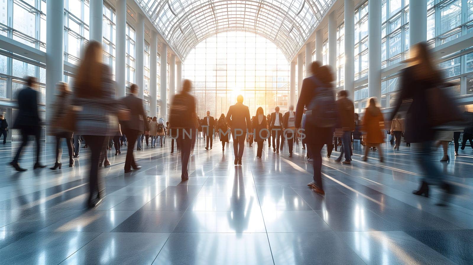 Many business people walking in bright office lobby fast moving with blurry. by z1b