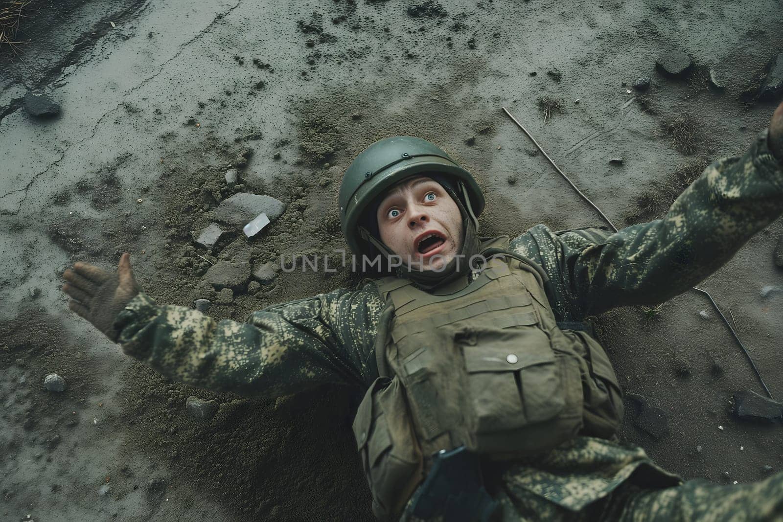 soldier laid on the battlefield, view from above, drone point of view by z1b