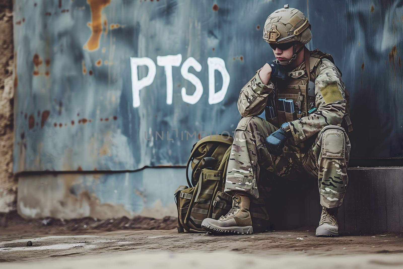 sad soldier and inscription PTSD on the wall, PTSD for post-traumatic stress disorder. Neural network generated image. Not based on any actual scene or pattern.