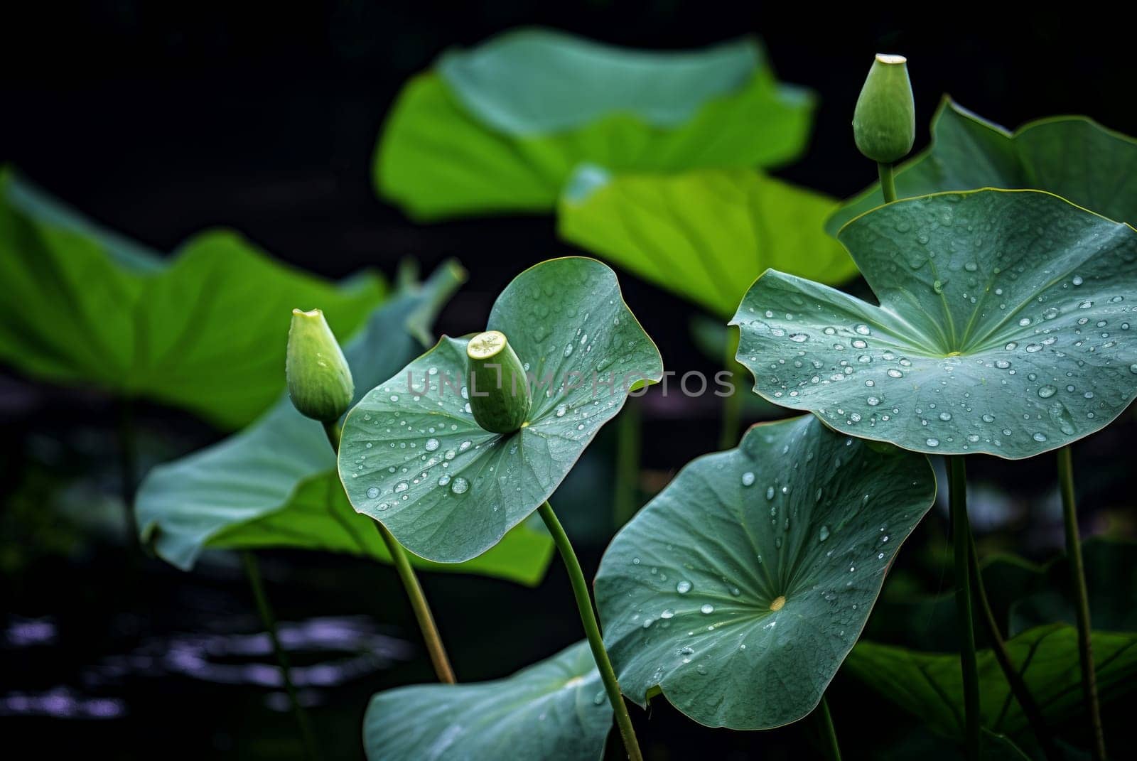 Lush Lotus leaves buds. Generate Ai by ylivdesign