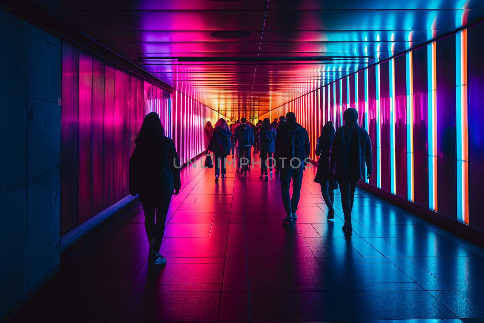 A group of people walking down a hallway with colorful lights. Neural network generated image. Not based on any actual scene or pattern.