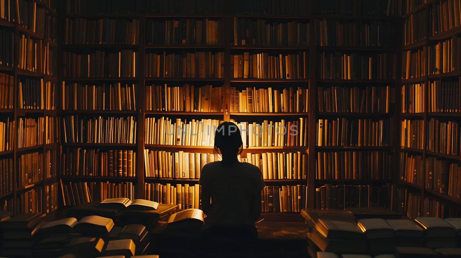 A student in a library, overwhelmed by the books. The towering bookshelves in the background adding to the atmosphere of pressure and academic stress. Neural network generated image. Not based on any actual person or scene.