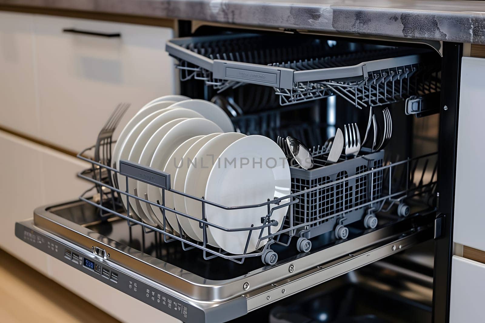 A dishwasher with many plates and silverware in it. Neural network generated image. Not based on any actual scene or pattern.