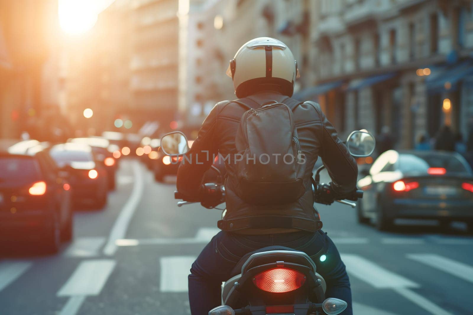 A man rides a motorcycle in city traffic, View from the back, Close-up. Neural network generated image. Not based on any actual scene or pattern.