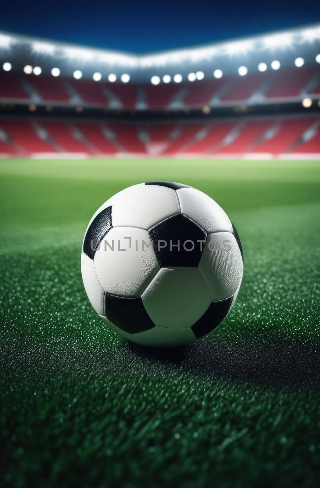 Soccer ball rests on grass of green field in front of majestic lit up, creating exciting atmosphere stadium. Scene captures essence of game, ready for action, excitement. Advertising, banner, print