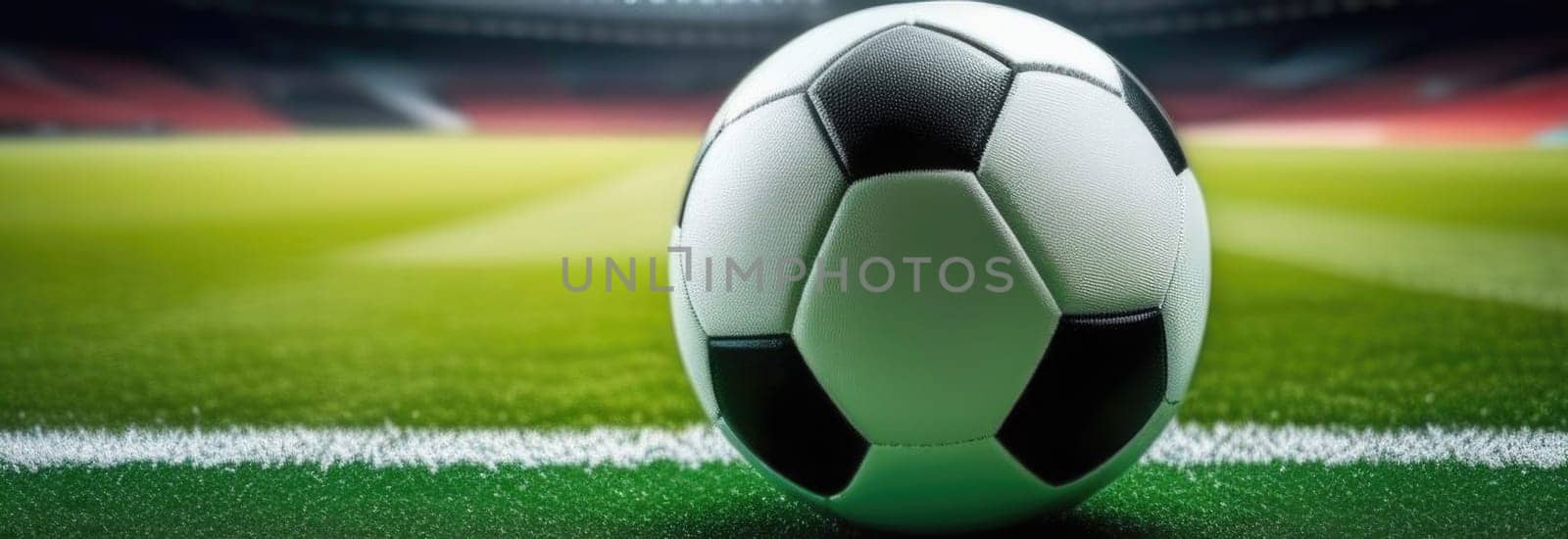 Soccer ball rests on grass of green field in front of majestic lit up, creating exciting atmosphere stadium. Scene captures essence of game, ready for action, excitement. Advertising, banner, print