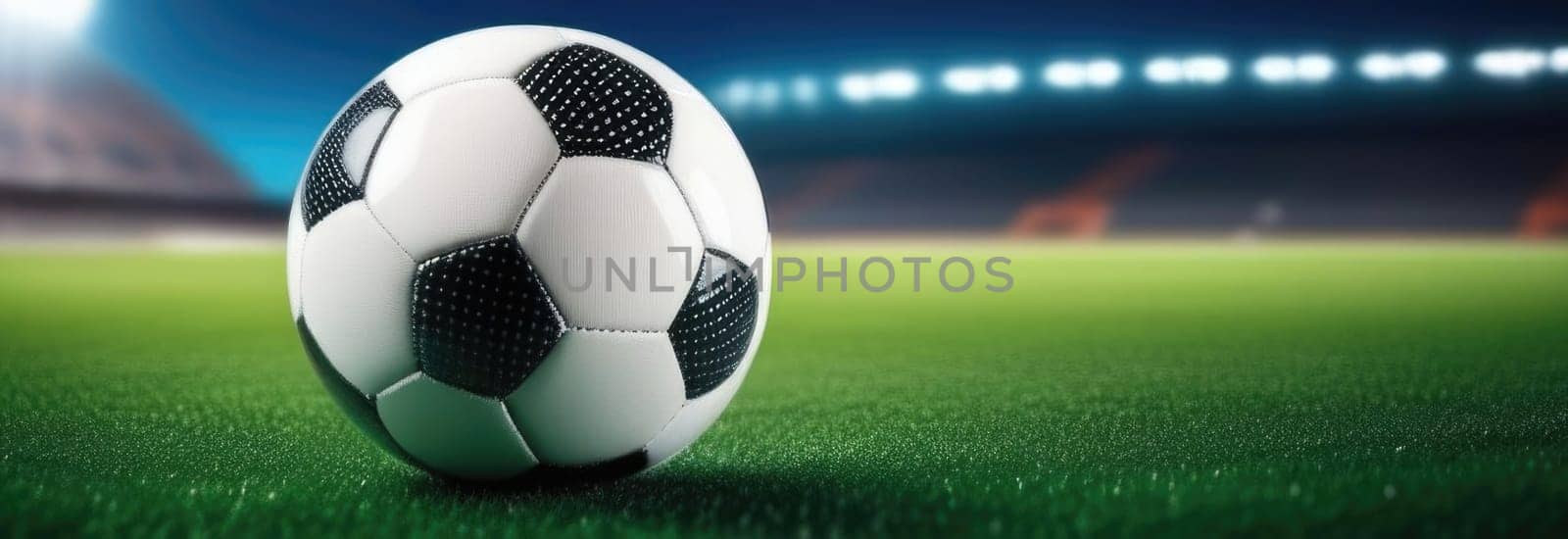 Soccer ball rests on grass of green field in front of majestic lit up, creating exciting atmosphere stadium. Scene captures essence of game, ready for action, excitement. Advertising, banner, print