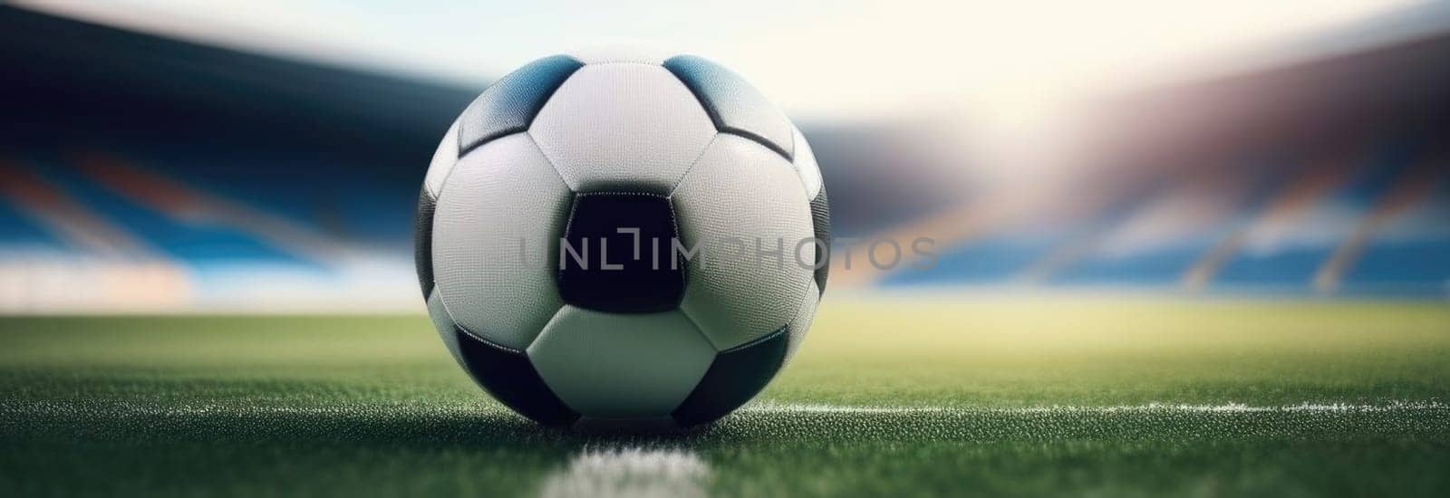 Soccer ball rests on grass of green field in front of majestic lit up, creating exciting atmosphere stadium. Scene captures essence of game, ready for action, excitement. Advertising, banner, print