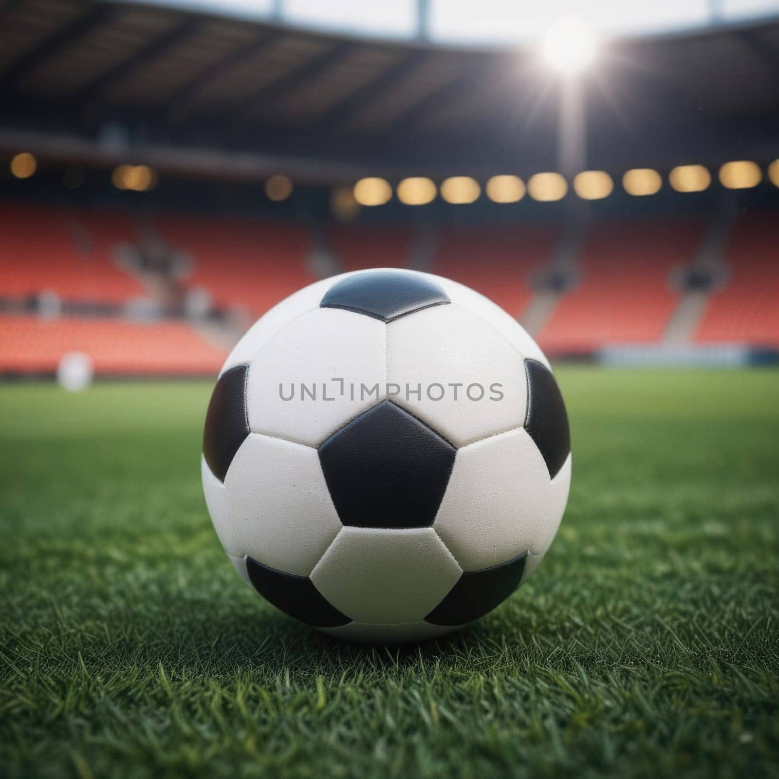 Soccer ball rests on grass of green field in front of majestic lit up, creating exciting atmosphere stadium. Scene captures essence of game, ready for action, excitement. Advertising, banner, print. by Angelsmoon