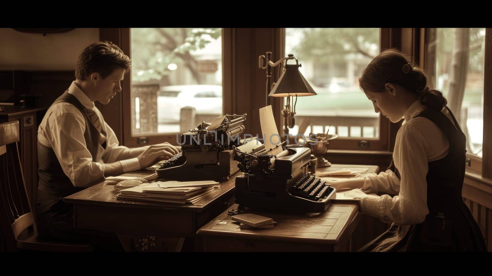 Two women sharing a table, typing on a typewriter in a building. AIG41 by biancoblue
