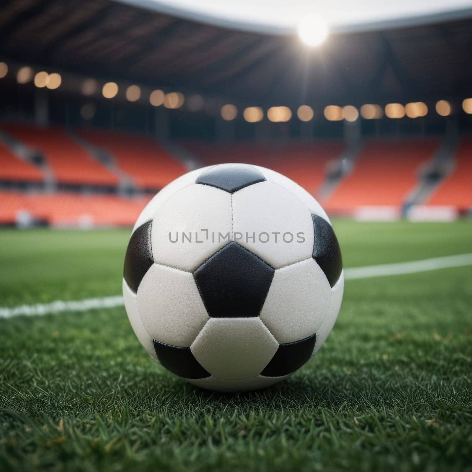 Soccer ball rests on grass of green field in front of majestic lit up, creating exciting atmosphere stadium. Scene captures essence of game, ready for action, excitement. Advertising, banner, print