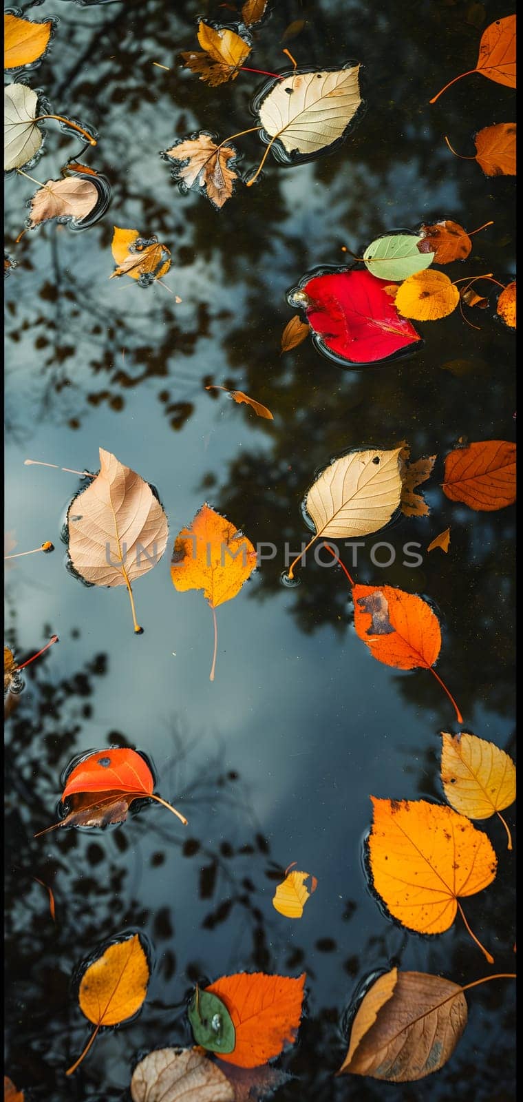 An abstract composition of colorful autumn leaves floating on a reflective water surface of a pond by z1b