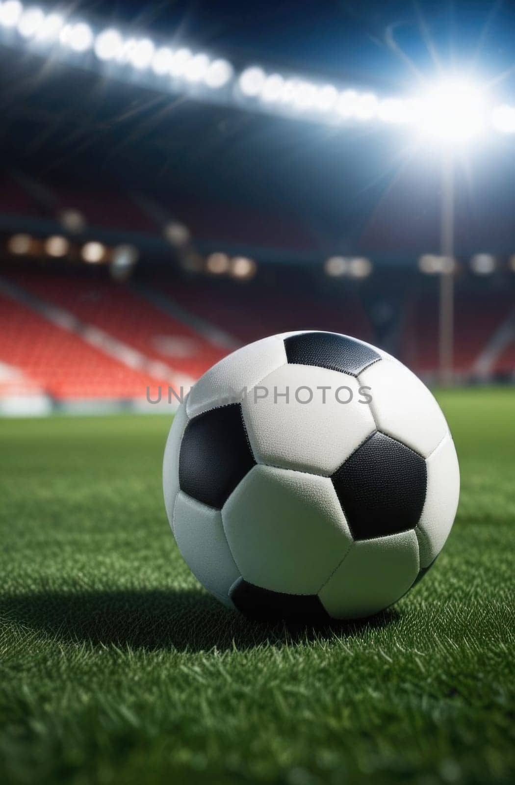 Soccer ball rests on grass of green field in front of majestic lit up, creating exciting atmosphere stadium. Scene captures essence of game, ready for action, excitement. Advertising, banner, print