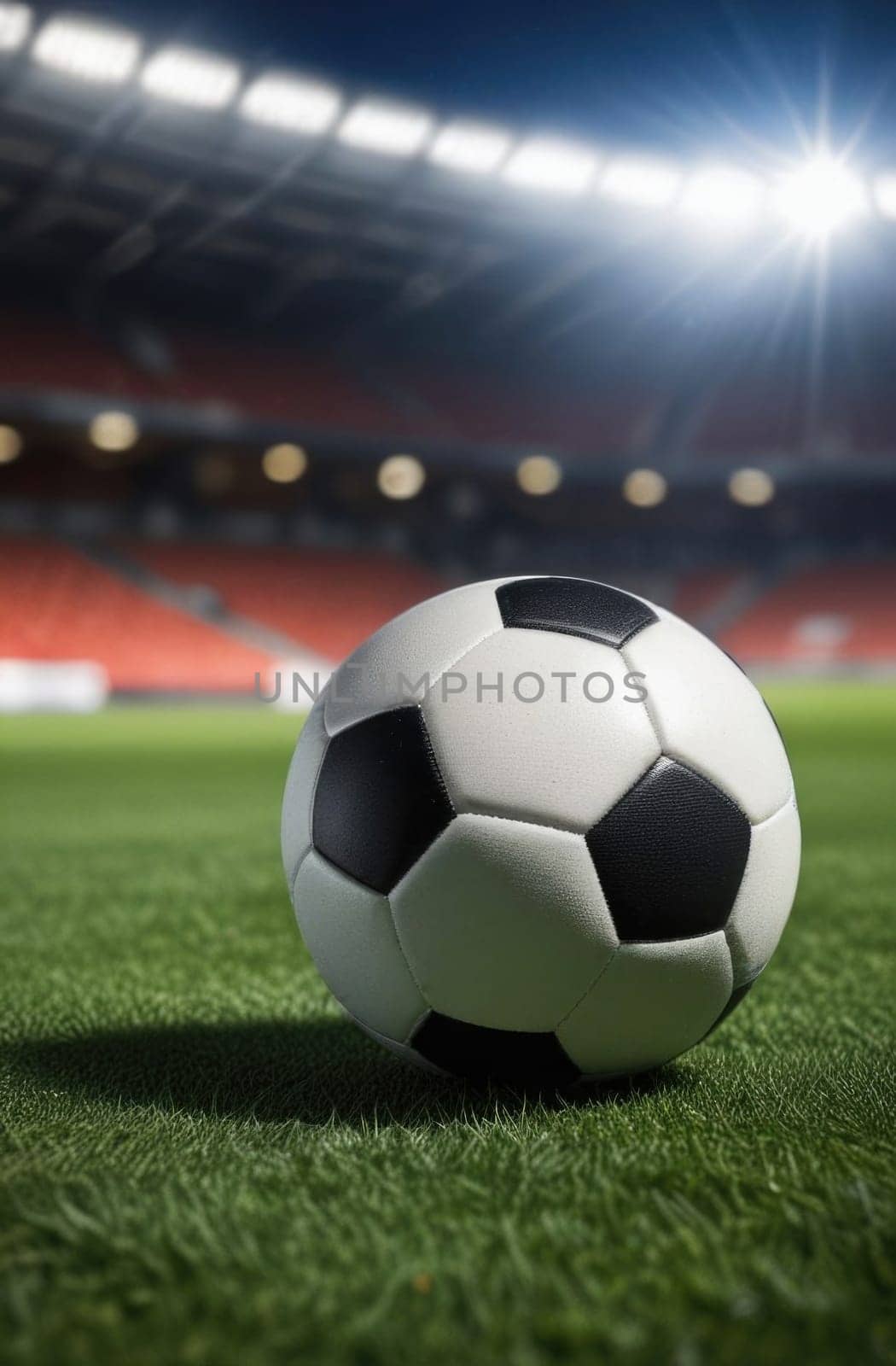 Soccer ball rests on grass of green field in front of majestic lit up, creating exciting atmosphere stadium. Scene captures essence of game, ready for action, excitement. Advertising, banner, print