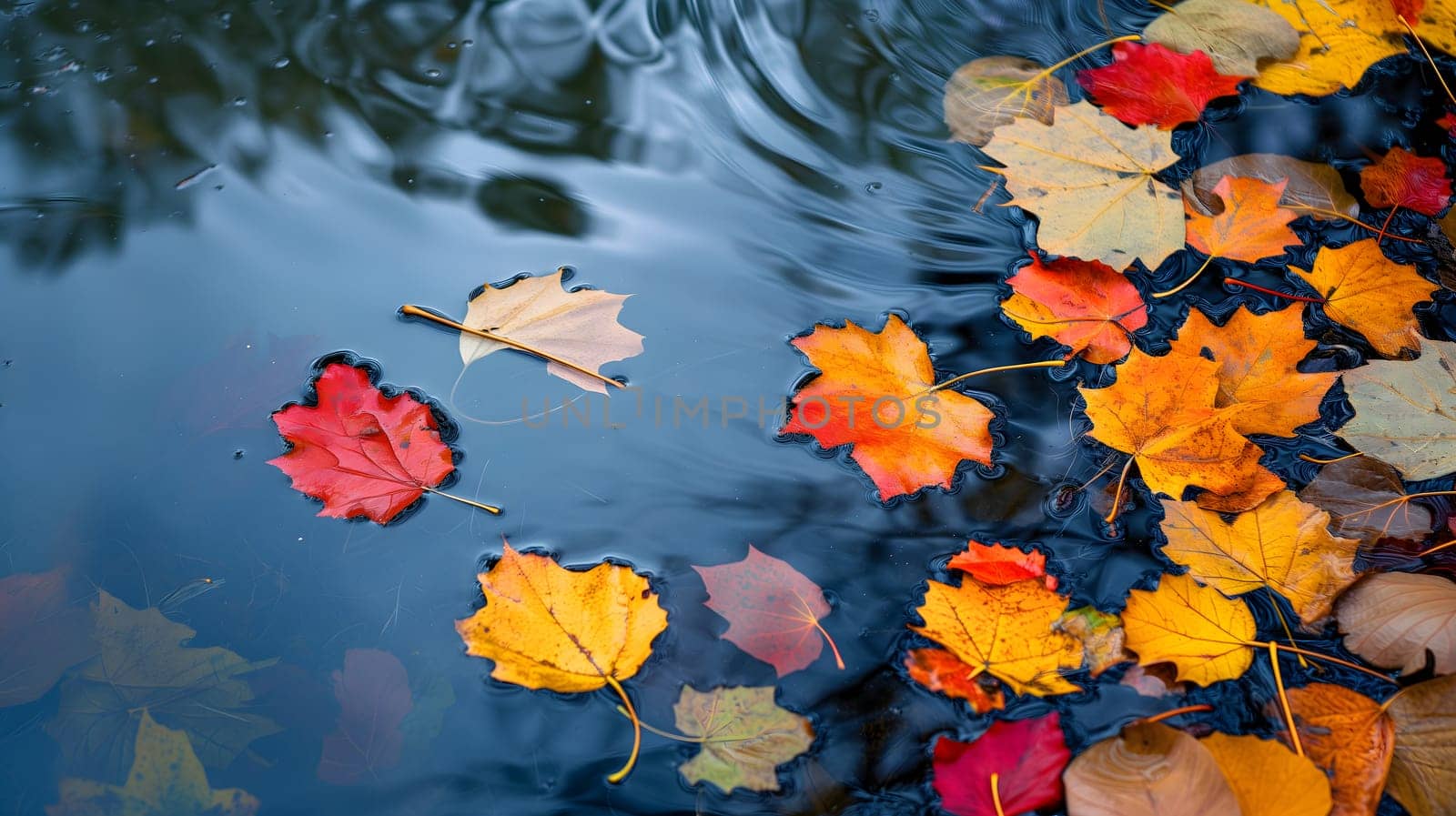 An abstract composition of colorful autumn leaves floating on a reflective water surface of a pond. Neural network generated image. Not based on any actual scene or pattern.