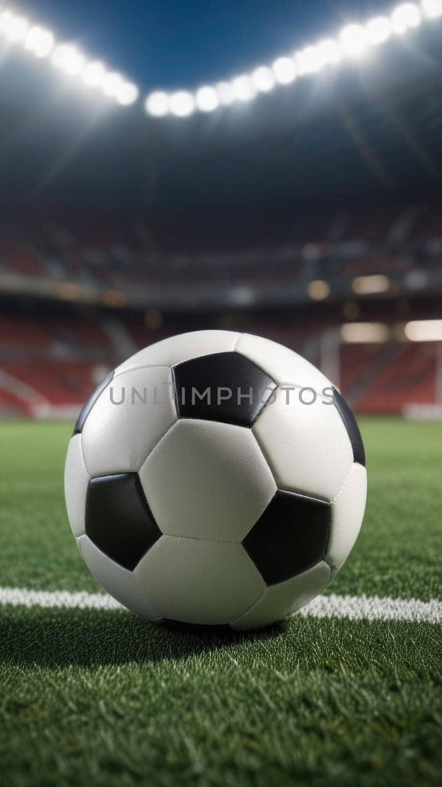 Soccer ball rests on grass of green field in front of majestic lit up, creating exciting atmosphere stadium. Scene captures essence of game, ready for action, excitement. Advertising, banner, print