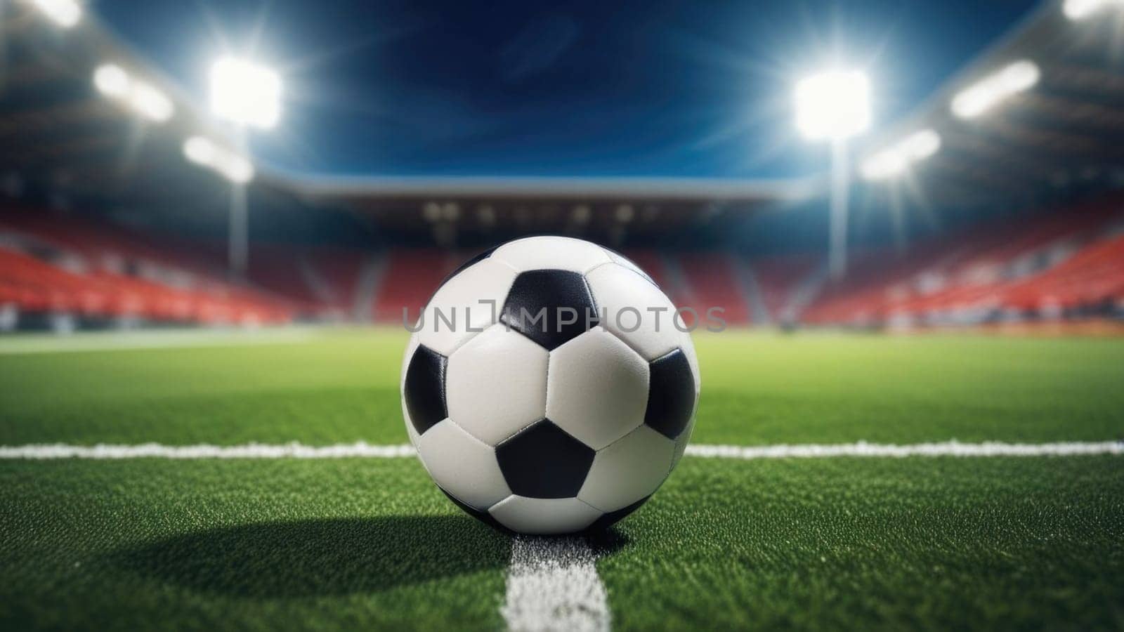 Soccer ball rests on grass of green field in front of majestic lit up, creating exciting atmosphere stadium. Scene captures essence of game, ready for action, excitement. Advertising, banner, print