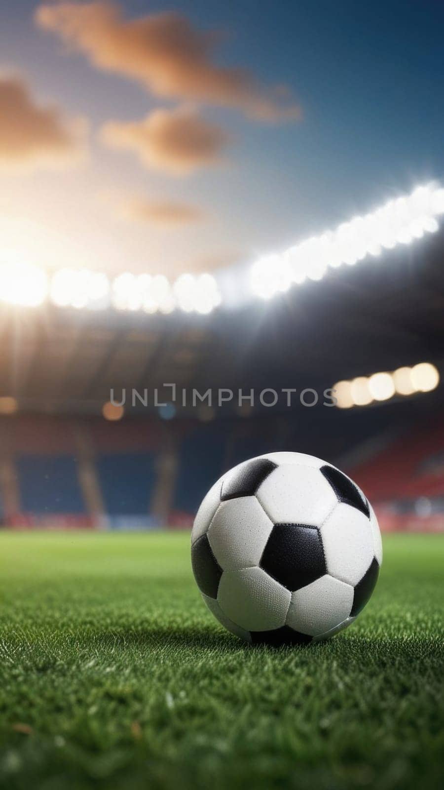 Soccer ball rests on grass of green field in front of majestic lit up, creating exciting atmosphere stadium. Scene captures essence of game, ready for action, excitement. Advertising, banner, print