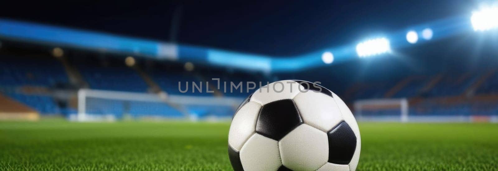 Soccer ball rests on grass of green field in front of majestic lit up, creating exciting atmosphere stadium. Scene captures essence of game, ready for action, excitement. Advertising, banner, print