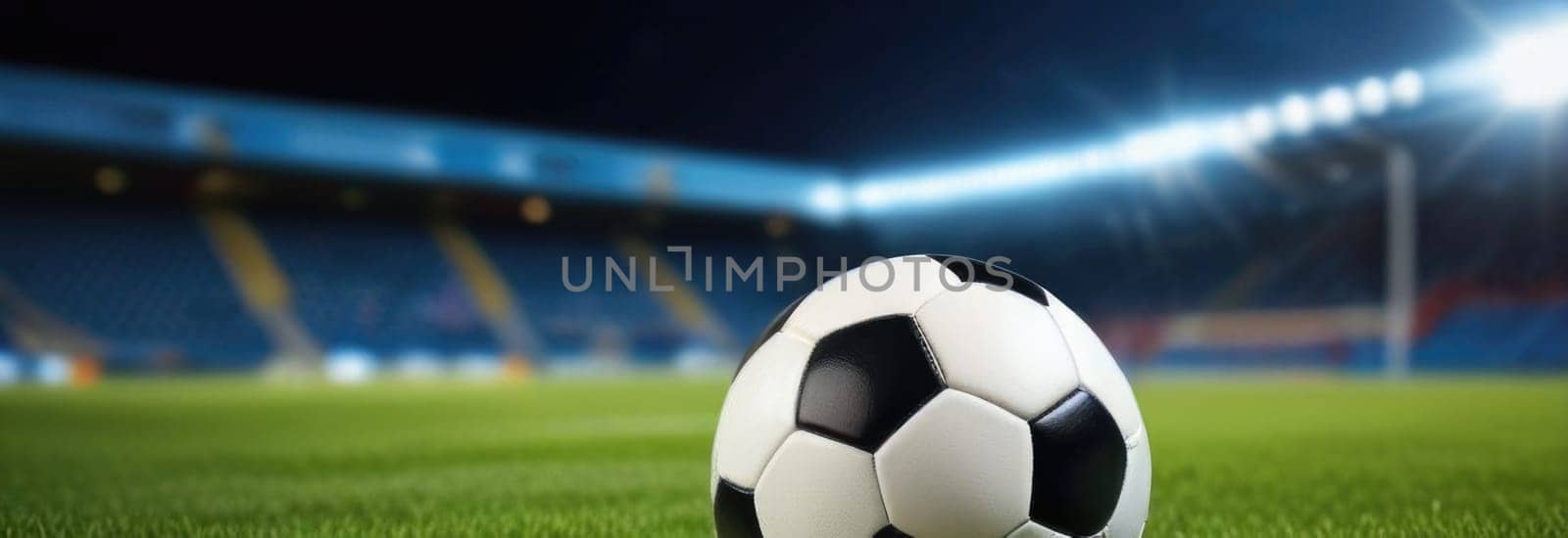 Soccer ball rests on grass of green field in front of majestic lit up, creating exciting atmosphere stadium. Scene captures essence of game, ready for action, excitement. Advertising, banner, print