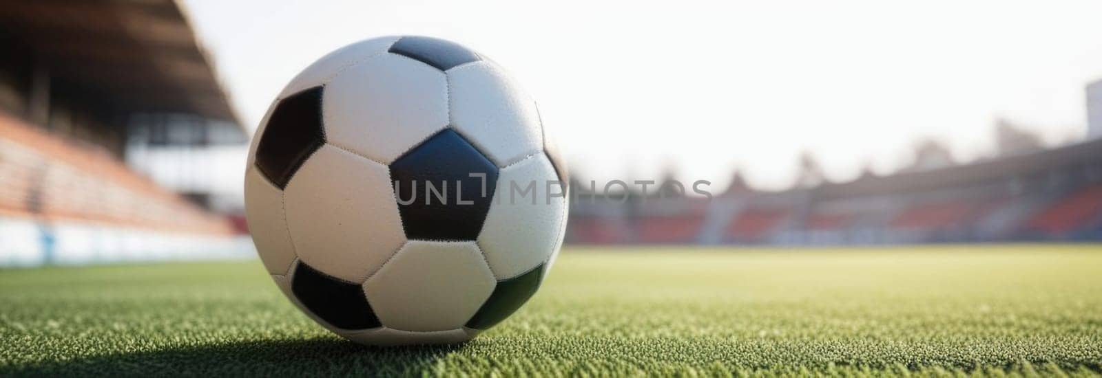 Soccer ball rests on grass of green field in front of majestic lit up, creating exciting atmosphere stadium. Scene captures essence of game, ready for action, excitement. Advertising, banner, print