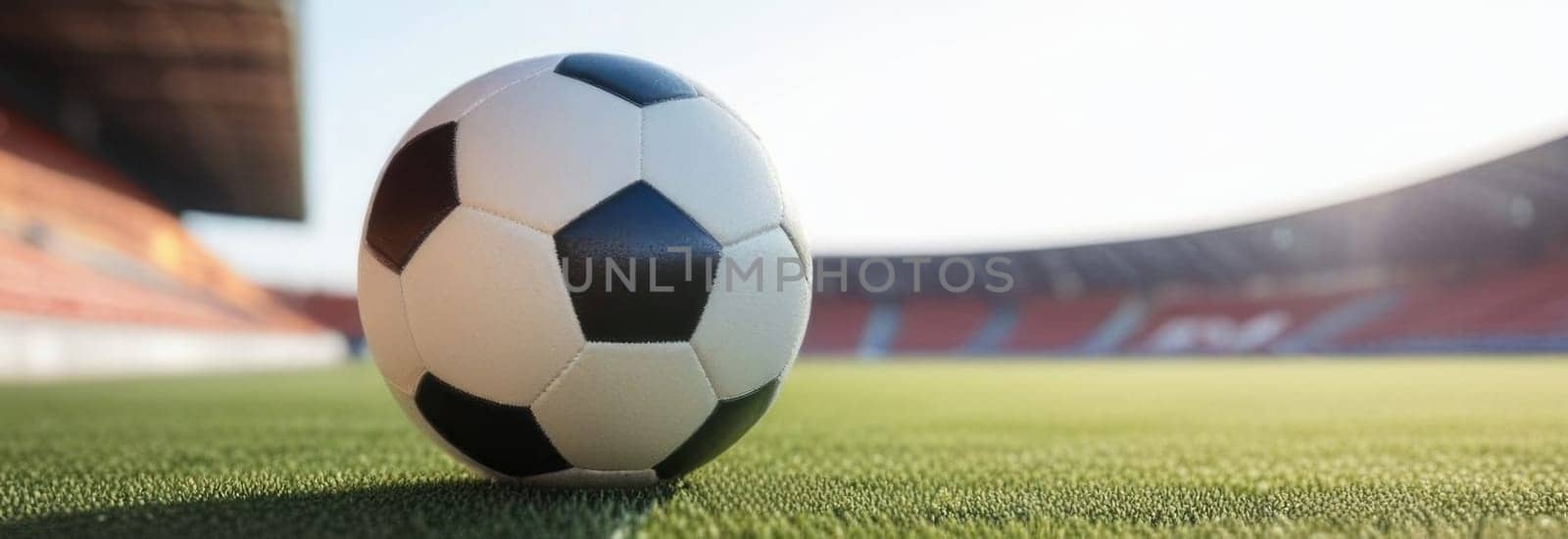 Soccer ball rests on grass of green field in front of majestic lit up, creating exciting atmosphere stadium. Scene captures essence of game, ready for action, excitement. Advertising, banner, print